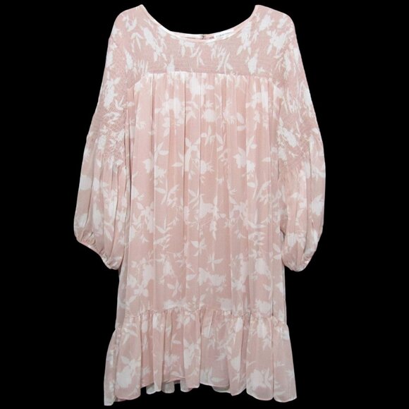 Calvin Klein Smocked Ruffled Hem Shift Mini Dress Womens Size 24W Pink Floral - Picture 1 of 10